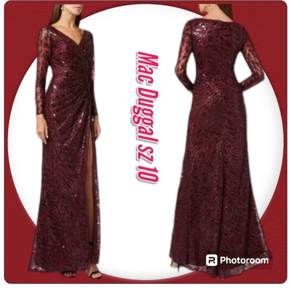 Mac Duggal Maxi Dress Ruched Embroidery Lace Sequin Faux Wrap Long Sleeves Gown - Picture 3 of 15